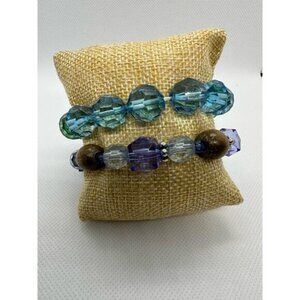 Faceted Blue Green Purple Stretch Bracelets Set With Wooden Beads & Silver Accen